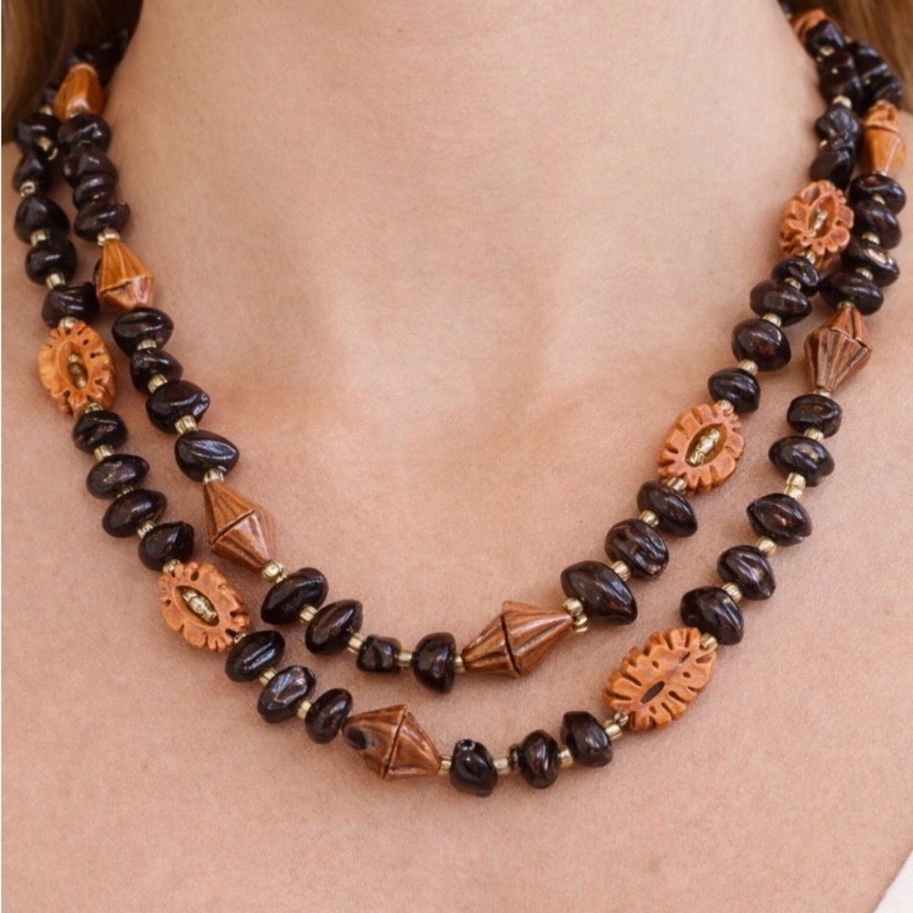 Vintage wood beaded long necklace